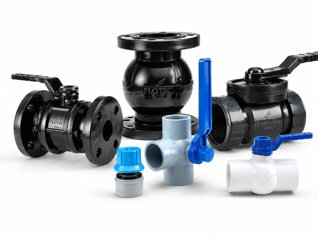 FLOTEC valve family: flanged ball valves, a check valve, union ball valves, a three-way valve and a white ball valve